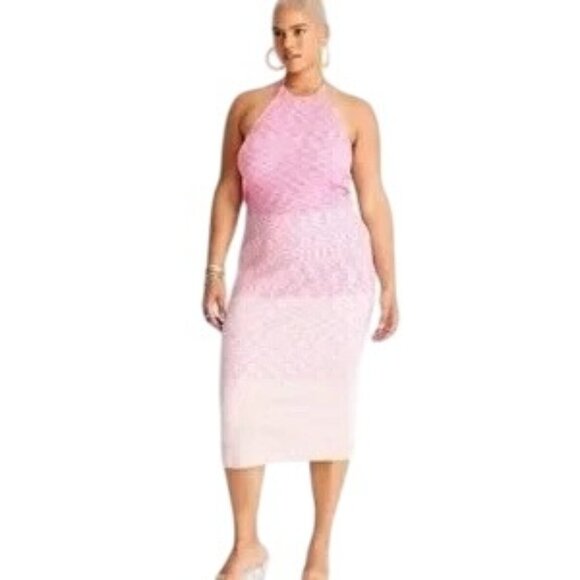 Future Collective Pink Gradient Open Back Knit Ribbed Halter Midi Dress - Picture 1 of 6